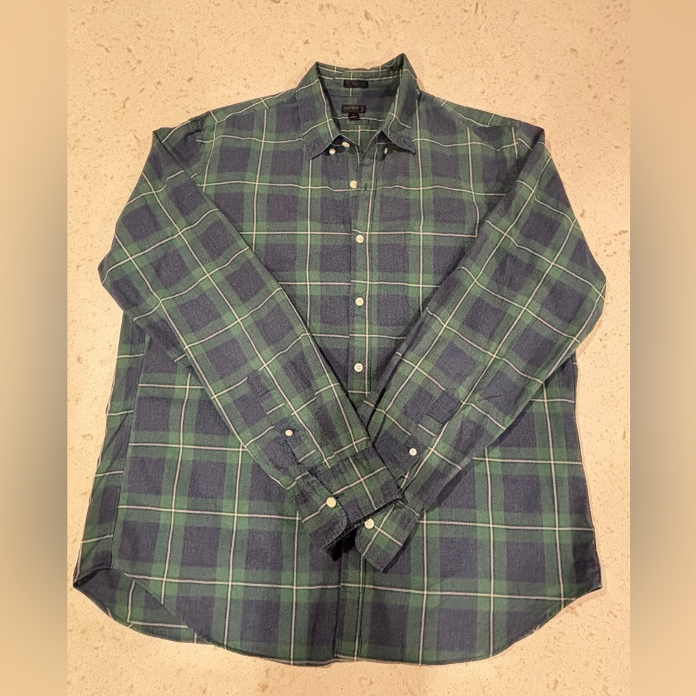 J. Crew Navy and Green Plaid Button Down Shirt